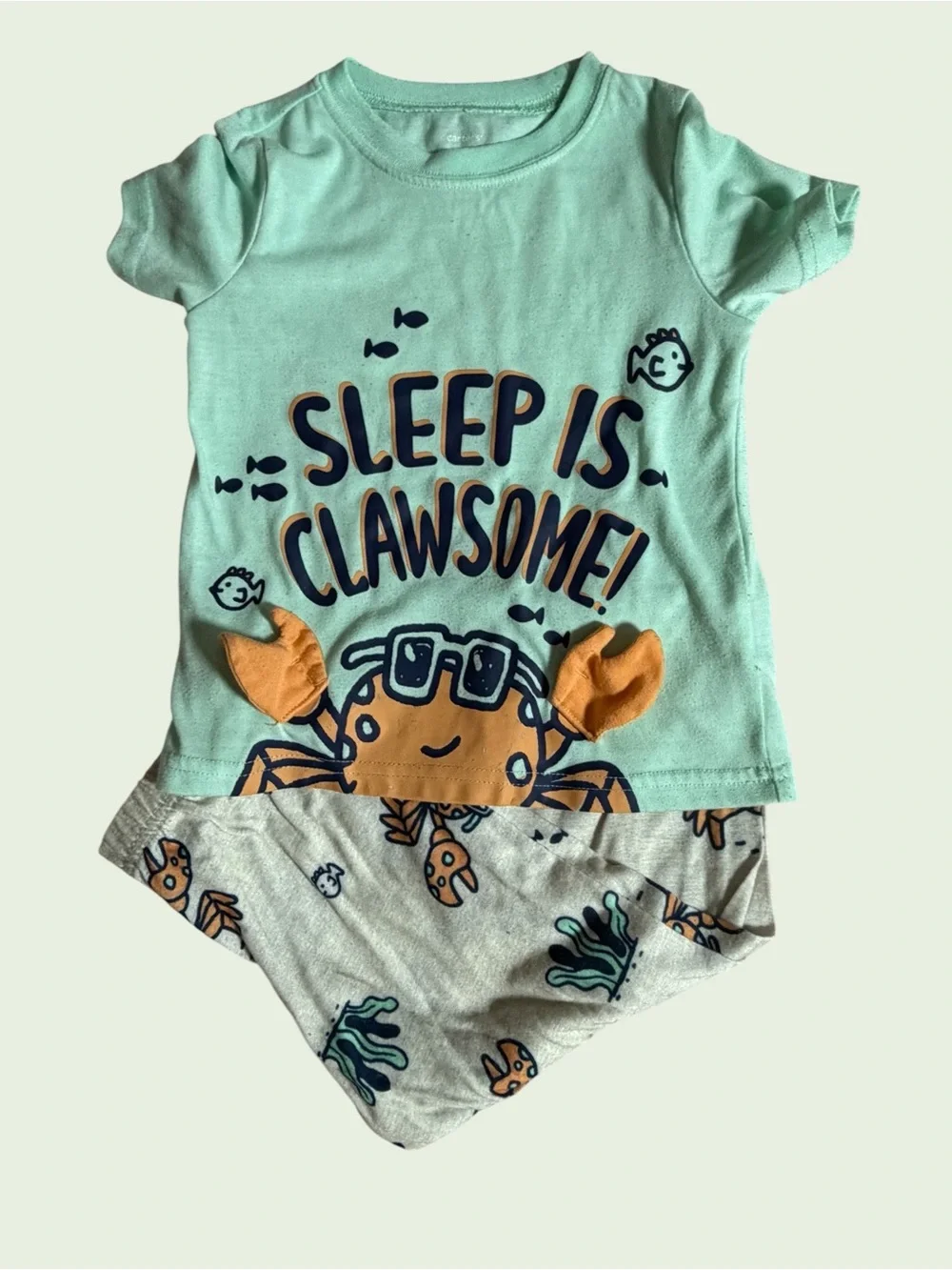 Kids' 3T Mint Green Crab Pajama Set - Sleep Is Clawsome!